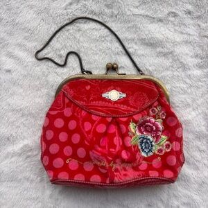 PiP Studio Red Velvet Floral Kiss Lock Shoulder Bag Polka Dot Embroidery Boho